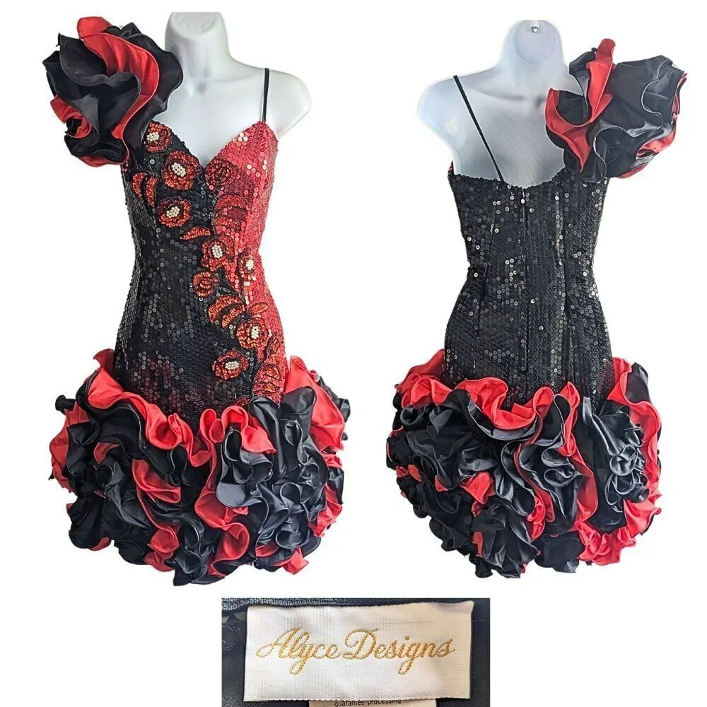 Vtg 80s ALYCE Sequin Ruffle 1-Shoulder Asymmetrical Latin Ballroom Pageant Dress